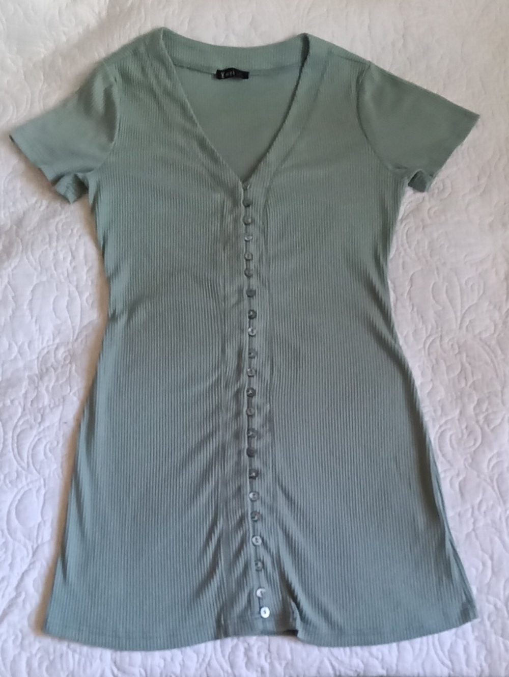 Very J Sage Green Ribbed Button-Down Midi Dress